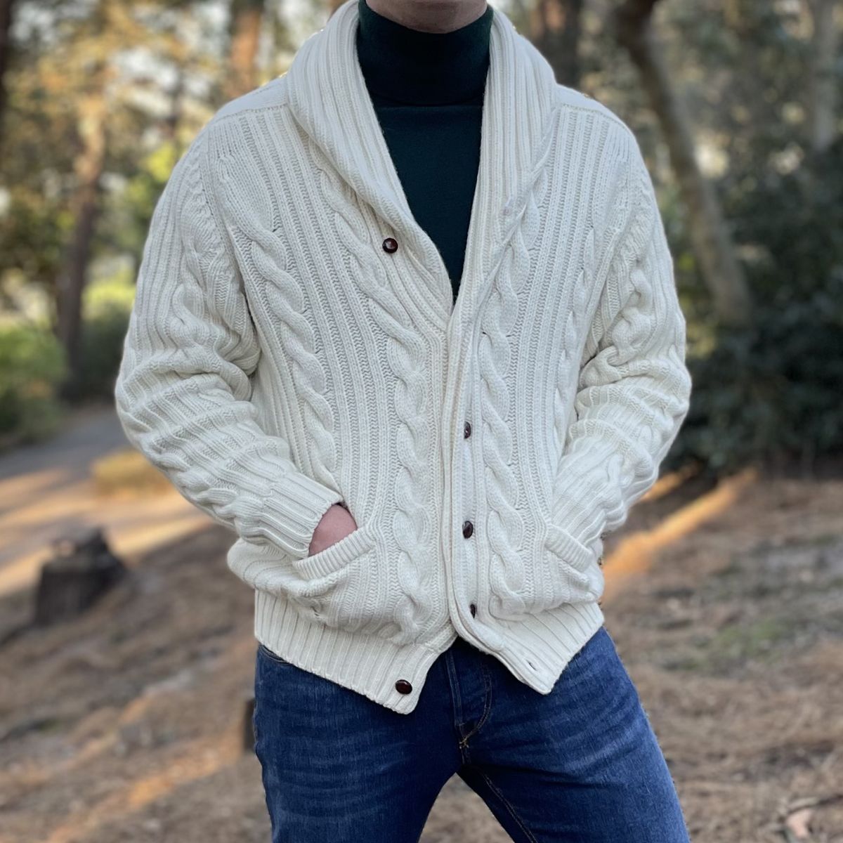 White Undyed Balmour 8Ply Shawl Collar Cable Cashmere Cardigan CASHMERE Robert Old