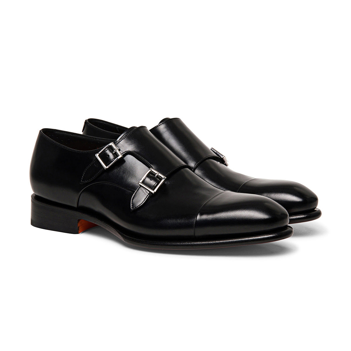 Santoni - Black Double-Buckle Leather Shoes SHOES Santoni