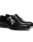Santoni - Black Double-Buckle Leather Shoes SHOES Santoni