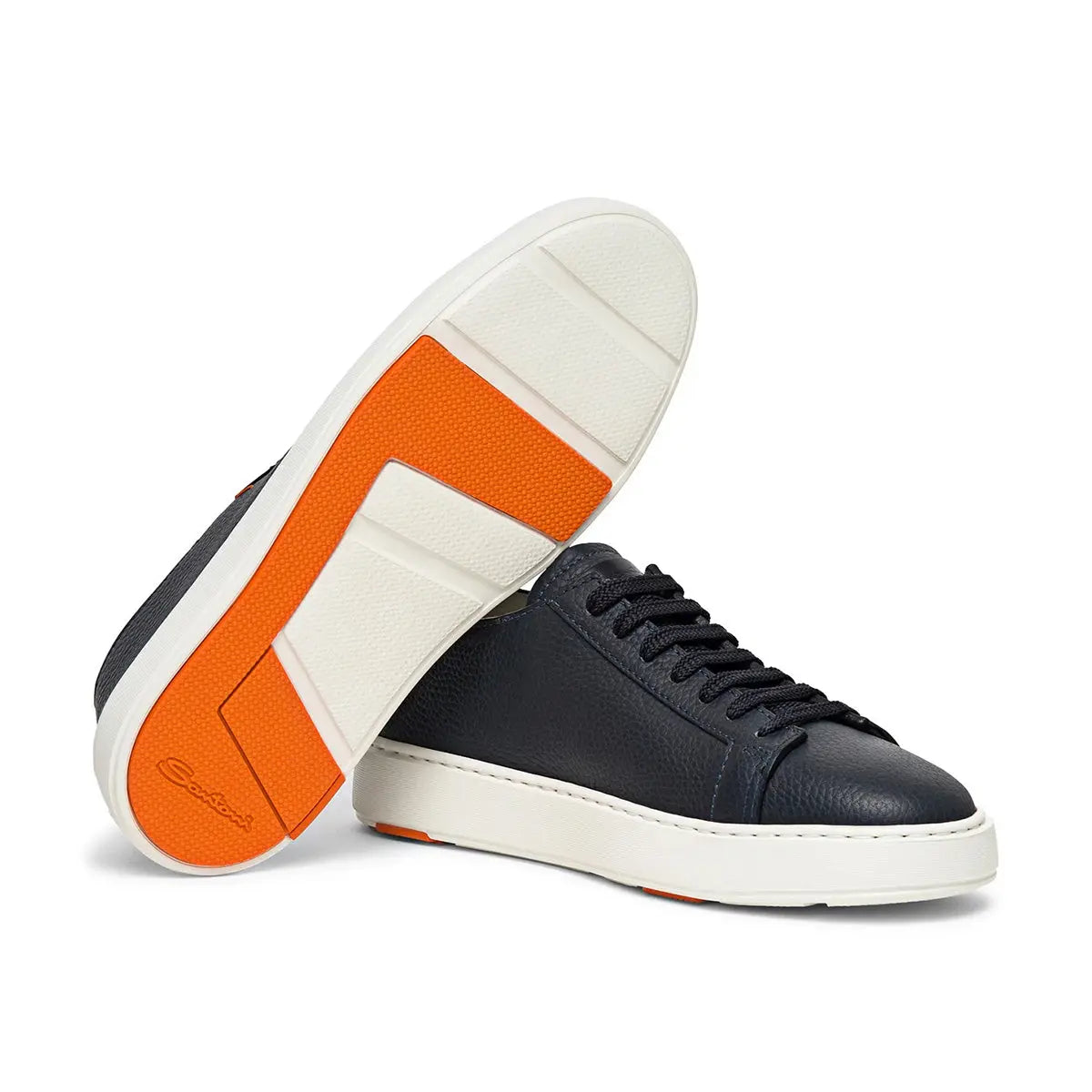 Santoni - Navy Blue Leather Low-Top Sneakers SHOES Santoni