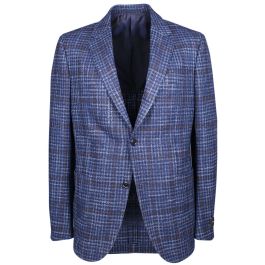 Blue Checked Regular Fit Wool Silk Blazer