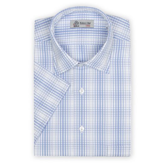 Robert Old, Light Blue Check Swiss Cotton Short Sleeve Shirt