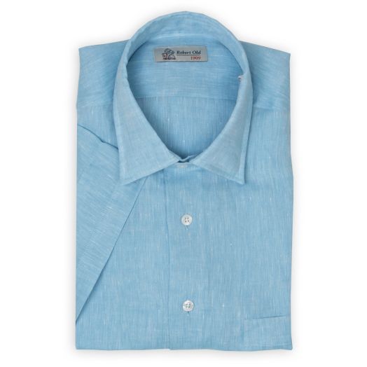 Robert Old, Aqua Blue Linen Short Sleeve Shirt 
