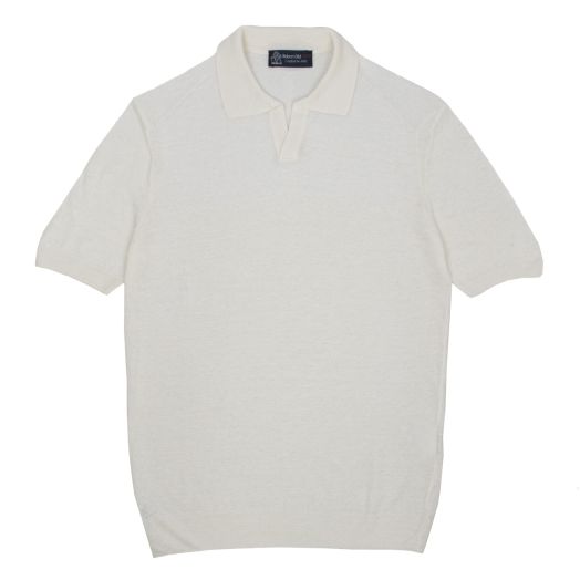 Robert Old, White Linen Open Collar Knitted Polo Shirt 