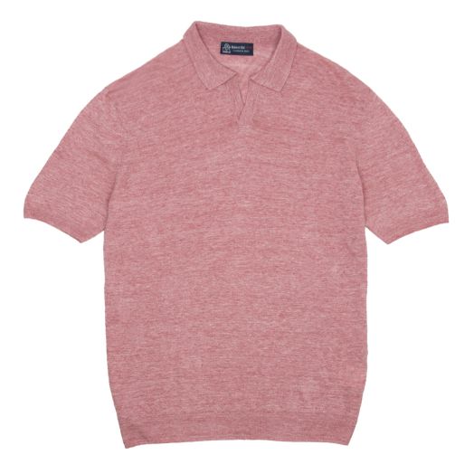 Robert Old, Pink Linen Open Collar Knitted Polo Shirt 