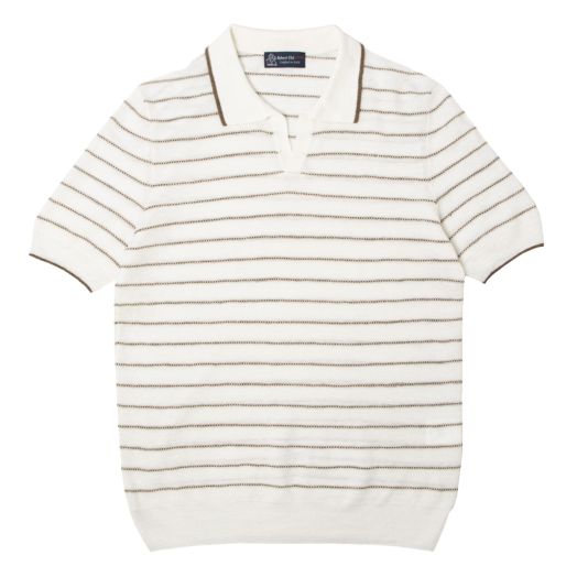 Robert Old, White & Beige Stripe Piqué Knit Open Collar T-Shirt 