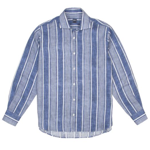 Fedeli, Bold Blue Stripe Linen Long Sleeve Shirt  