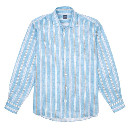 Fedeli, Turquoise Stripe Linen Long Sleeve Shirt  