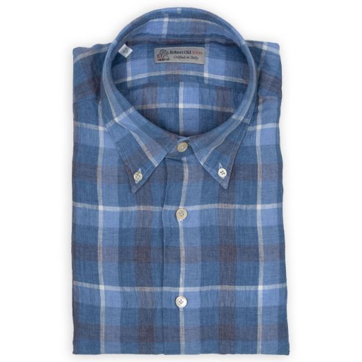 Robert Old, Blue Check Linen Button-Down Long Sleeve Shirt 