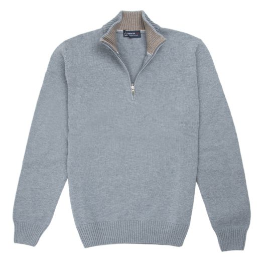 Blue Melange Virgin Wool & Cashmere Zip Neck Sweater