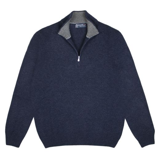 Navy Contrast Virgin Wool & Cashmere Zip Neck Sweater