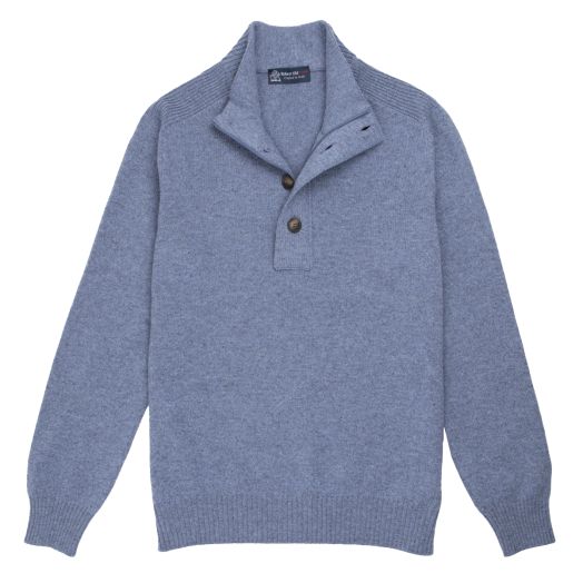 Blue Melange Buttoned Zip-Neck Wool Jumper