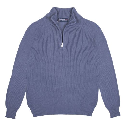 Airforce Blue Rain Wool Ribbed Zip-Neck Sweater 