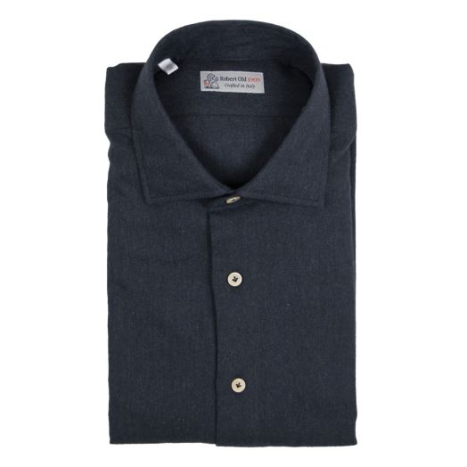 Navy Pure Cotton Herringbone Italian Long Sleeve Shirt