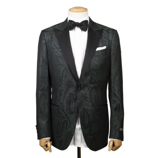 Green & Black Paisley Wool & Silk Jacquard Tuxedo Jacket 