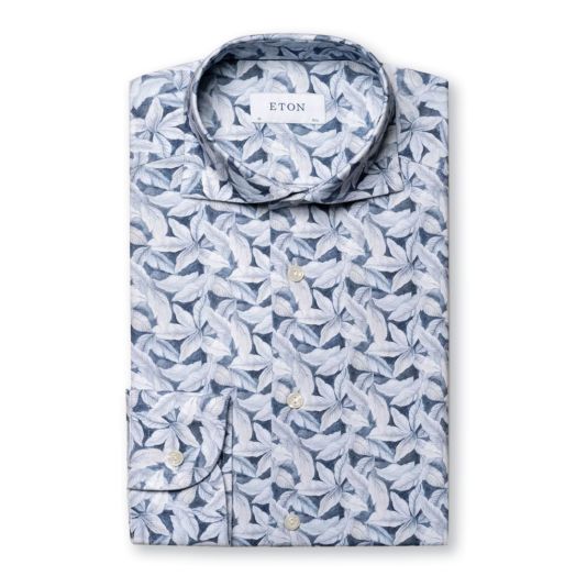 Light Blue Palm Print Cotton Four-Way Stretch Shirt 