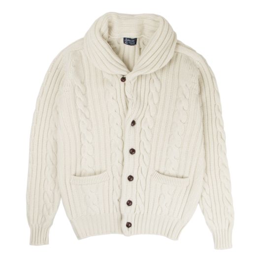 White Undyed Balmour 8Ply Shawl Collar Cable Cashmere Cardigan