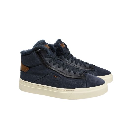 Blue Denim-Effect Fabric and Leather Sneaker 