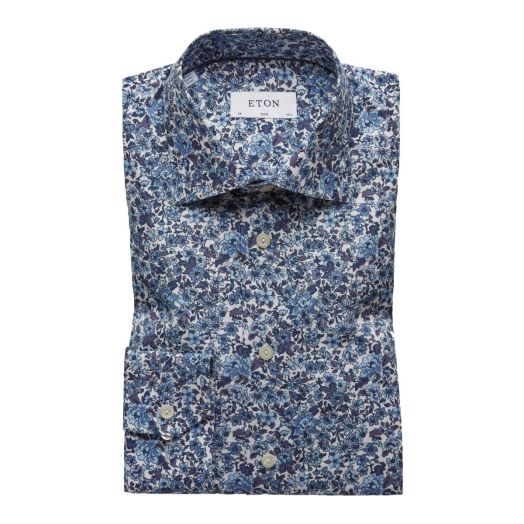 Blue Floral Print Poplin Slim Fit Shirt