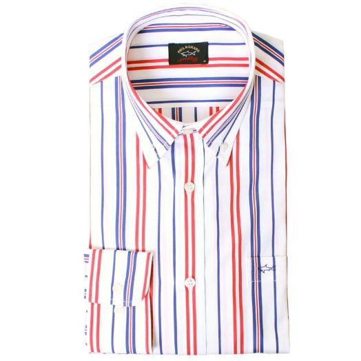 Red, Blue and White Button-Down Striped Shirt