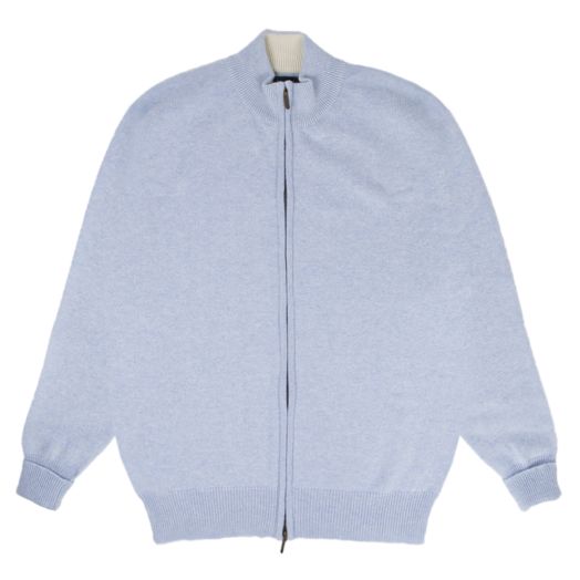 The Barra 4ply Full Zip Cashmere Cardigan - Atollo Blue / White Undyed 