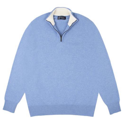 The Bowmore 1/4 Zip Neck Cashmere Sweater - Lapis Suez / White Undyed