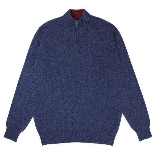 The Bowmore 1/4 Zip Neck Cashmere Sweater - Navy Marl / Russet