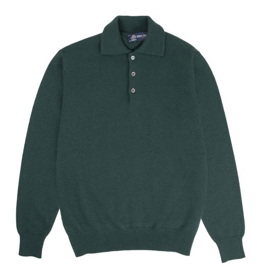 Bottle Green Balvenie 3 Button 4ply Cashmere Polo Sweater 