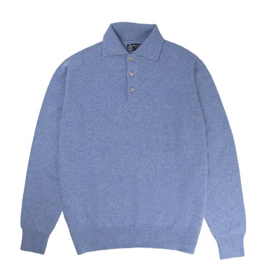 Blue Melange Balvenie 3 Button 4ply Cashmere Polo Sweater 