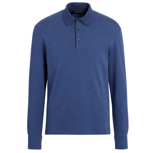 Blue 100% Cotton Long Sleeve Polo Shirt