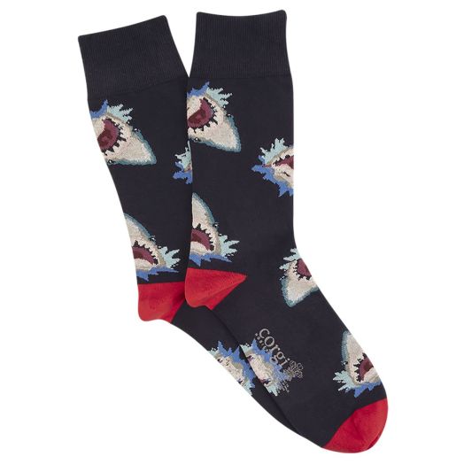 Dark Navy Shark Motif Cotton Socks