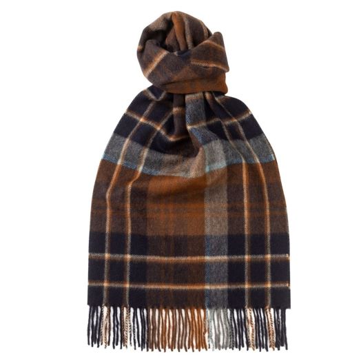 Navy and Brown 100% Cashmere Modern Tartan and Plaid Scarf 