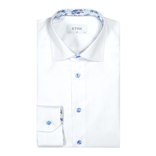 White Floral Trim Signature Twill Slim Fit Shirt