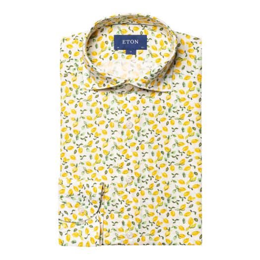 Yellow Lemon Print Pure Linen Slim Fit Shirt