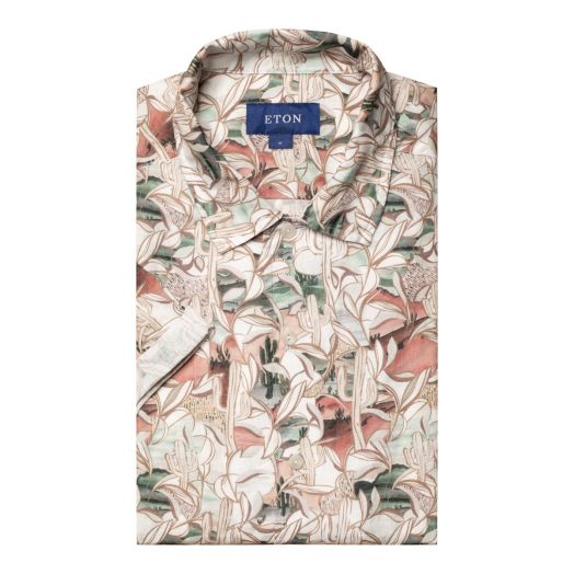 Brown Motif Print Linen Resort Short Sleeve Shirt