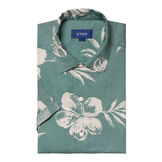 Green Hibiscus Print Linen Resort Short Sleeve Shirt