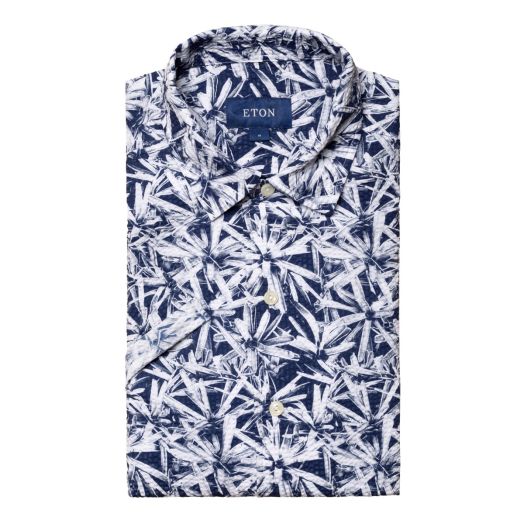 Blue Floral Print Seersucker Short Sleeve Shirt.