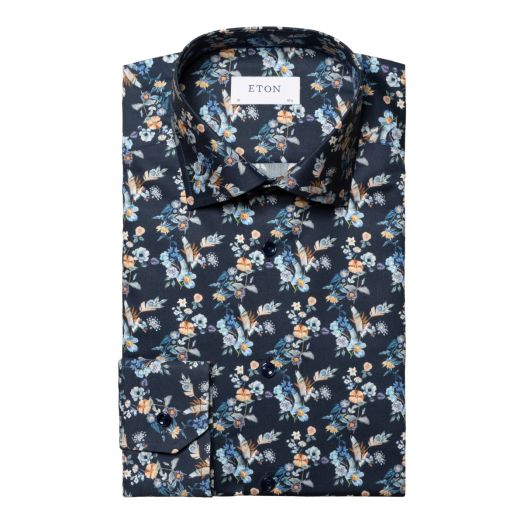 Navy Blue Floral Print Contemporary Fit Twill Shirt 