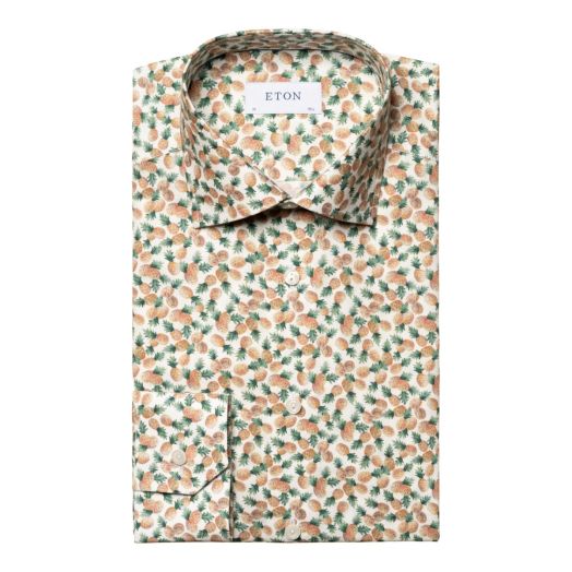Eton Orange Pineapple Print Cotton & Tencel™ Print Shirt 