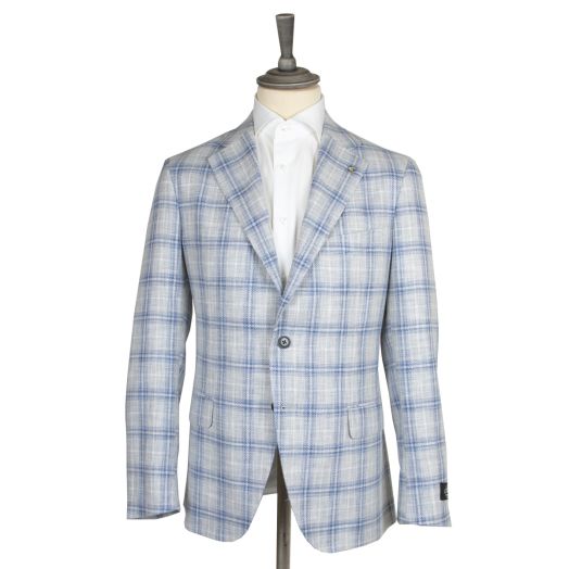 Cream & Blue Check Cotton, Linen, & Wool Jacket 