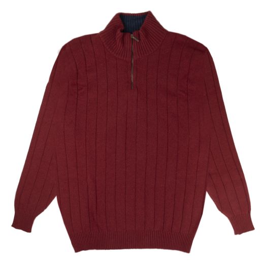 The Wellington Cashmere Ribbed Zip Neck Sweater - Russet Red / Cosmos