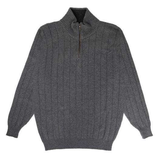 The Wellington Cashmere Ribbed Zip Neck Sweater - Smog / Charcoal