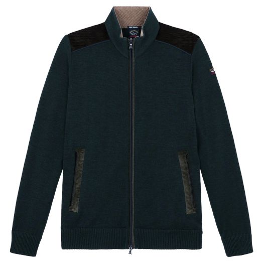 Green Wool Full Zip Velvet Detail Sweater