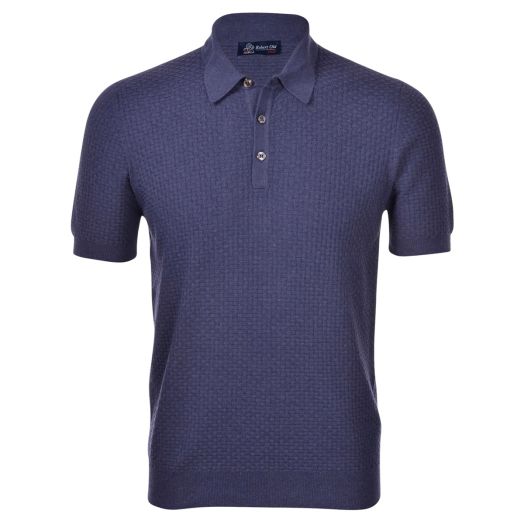 Denim-Blue Brick Stitch Knitted Cotton Polo Shirt