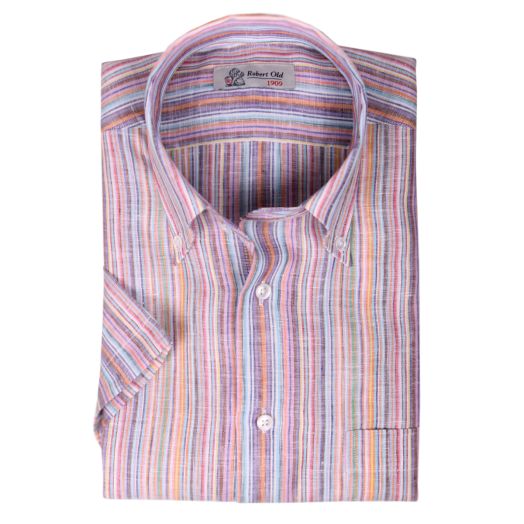 Multicolour Print Stripe Linen Short Sleeve Shirt