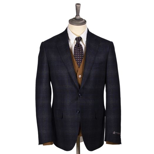 Navy Blue & Brown Check Wool & Cashmere Jacket