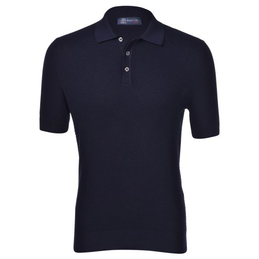 Navy Popcorn Knitted Cotton Polo Shirt