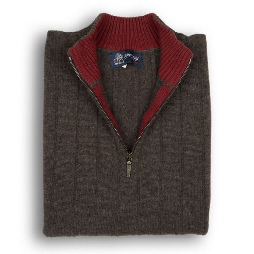 The Wellington Cashmere Ribbed Zip Neck Sweater - Porcupine - Russet
