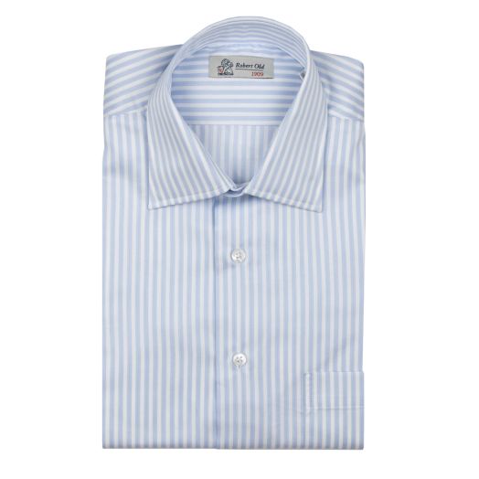 White & Blue Stripe Swiss Cotton Twill Long Sleeve Shirt