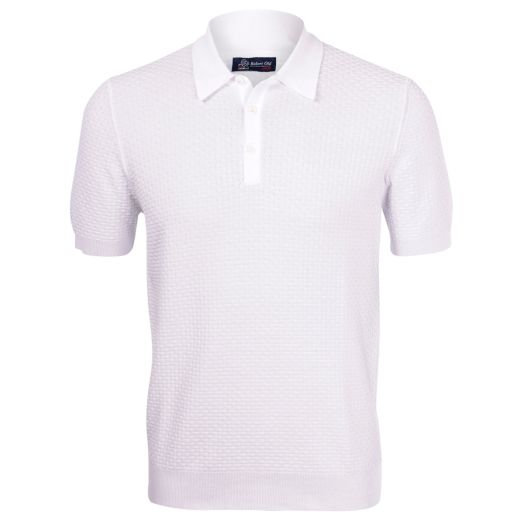 White Brick Stitch Knitted Cotton Polo Shirt